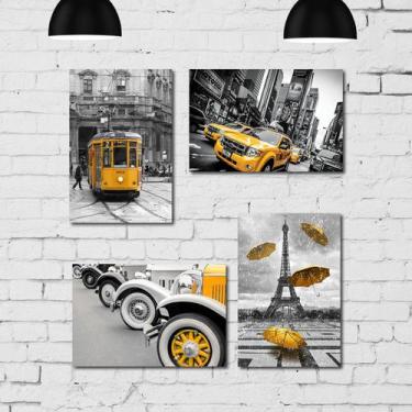 Imagem de Placa Decorativa MDF Cidades Detalhe Amarelo Kit 4un 30x40 - Quartinho