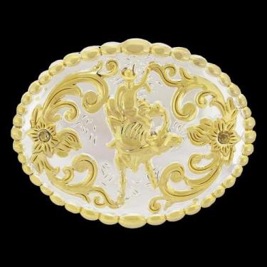 Imagem de Fivela Country Oval Montaria em Touro com Banho Dourado e Prata - Rode