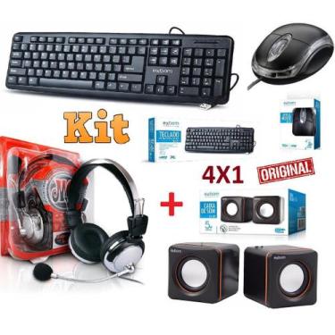 Imagem de Kit 4 em 1 Teclado Usb + Mouse Óptico + Caixa De Som + Fone de Ouvido 