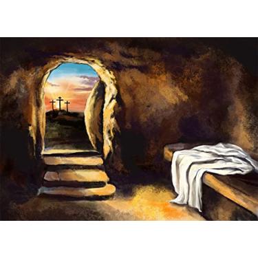 Imagem de BELECO Tecido de 2,4 x 1,8 m Páscoa Jesus Cristo Cruz Pano de Fundo Túmulo Vazio Fundo de Crucificação Aquarela Pedra Cave Tumba Ressurreição Fundo Igreja Cristã Decoração de Evento Decoração Páscoa