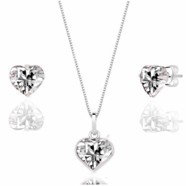 Imagem de kit Conjunto Colar e  Par Brinco Coração Zirconia Prata 925 / 45 / Bra