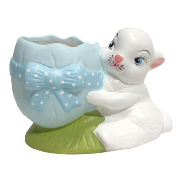 Imagem de Coelho Pote Bomboniere Enfeite Decoração Pascoa Laço Azul - Decore Cas