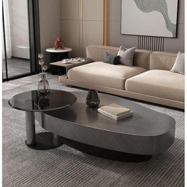 Imagem de Mesa de centro oval irregular, conjunto de mesa lateral de aço inoxidável com 2 molduras de metal minimalistas, tampo de vidro em latão para móveis domésticos para sala de estar, A, 140 cm