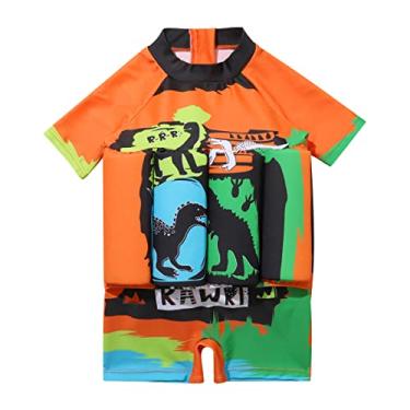 Imagem de IDOPIP Traje de banho infantil para meninos e meninas, flutuante, com flutuabilidade ajustável, colete de natação peça única, Dinossauro laranja, 3-4T