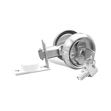 Imagem de Fechadura de porta de bolso prata com chave e fundo de 60 mm, trava de porta de níquel escovado acetinado, maçaneta oculta embutida redonda, fechadura de porta deslizante para celeiro com puxador de anel