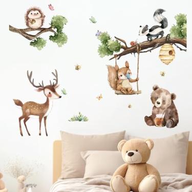Imagem de Adesivos de parede 445 Yovkky com animais da floresta, urso, cervo, esquilo, ouriço, gambá, neutro, bebê, berçário, decoração, ramos, favo de mel, borboleta, decoração de casa, quarto infantil, sala