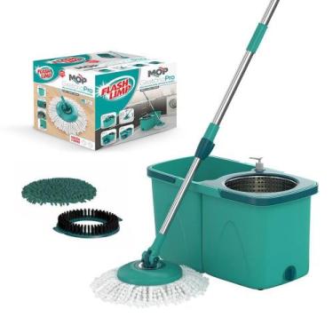 Imagem de Esfregão Mop Pró Com Cesto Inox Completo + Refil tira Pó e Refil Limpe