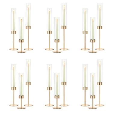 Imagem de NUPTIO Suporte de vela para casamento: 18 peças de castiçais de ouro furacão alto com tampa de chaminé de vidro transparente - Castiçais cônicos a granel para decoração de centro de mesa de festa