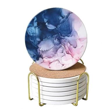 Imagem de Conjunto de 6 porta-copos de cerâmica, design de grão de mármore com suporte, acessórios de decoração de mesa de centro de bar. Os porta-copos absorventes com fundo de cortiça são adequados para copos