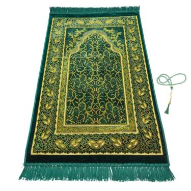 Imagem de FIRASET Tapete de oração muçulmano, tapete de oração islâmico fino de pelúcia macia, Janamaz, Sajada, tapete de oração, presente islâmico para homens e mulheres, tapete islâmico, verde escuro,