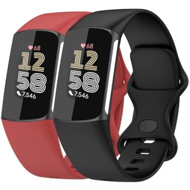 Imagem de Nacorulu Compatível com pulseiras Fitbit Charge 6/Charge 5, pulseira de substituição de silicone macio para mulheres e homens, pacote com 2 (preto_vermelho, grande (18 a 23 cm)