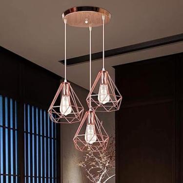 Imagem de Luminária de teto moderna Abajur pendente E27 em forma de diamante Ferro Retrô Rose Gold Luminária de teto Decoração de iluminação para quarto Cozinha Sala de estar,Style b 3 lights
