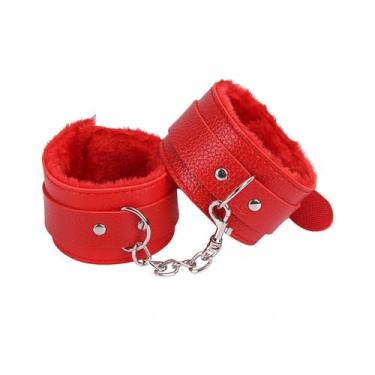 Imagem de Algema em Couro Macio com Pelúcia Aveludada com Corrente Cromada 5,5cm x 9cm (VERMELHO)