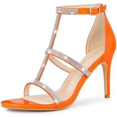 Imagem de Allegra K Sandália feminina de salto alto com strass e tira no tornozelo, Laranja, 35