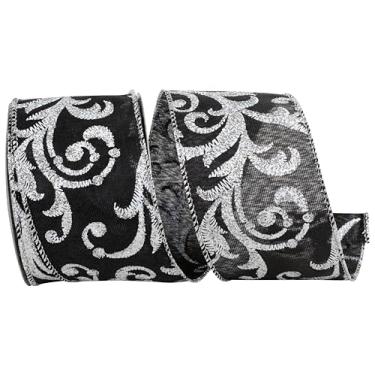 Imagem de Reliant Ribbon Fita de borda com fio de cetim iridescente de filigrana com glitter, preta