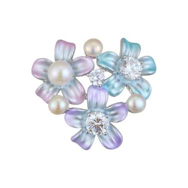 Imagem de Kokoma Broche de pérola floral da moda para mulheres CZ cristal pastel azul e roxo flor lapela broche margarida corpete xale clipe para vestido de pano, mãe aniversário, 2.7 Inches X 2.4 Inches, Cobre