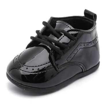 Imagem de Greceen Mocassins de Couro para Bebês Meninos Meninas Conforto Oxford Vestido de Casamento Primeiro Andador Sapatos de Berço, B/preto espelhado, 18-24 Months Toddler