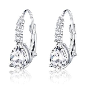 Imagem de Brincos de gota para mulheres|7 * 9 mm em forma de pera Halo CZ Brincos pendentes | Brincos de gota banhados a ouro branco 18K hipoalergênico joia presente, 7x9mm, Latão, Zircônia cúbica sintética
