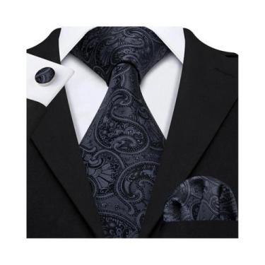 Imagem de Conjunto de Gravata e Abutões Masculinos - Seda Jacquard Preto, Branco
