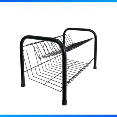 Imagem de Escorredor De Louça Duplo Preto Compacto Eficiente Cozinha Pia Pratos Copos Talheres Organizador