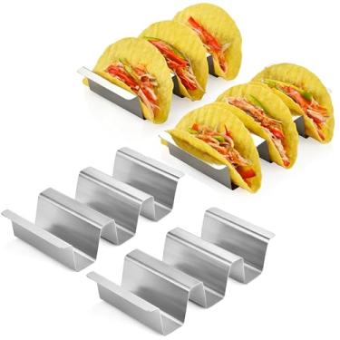 Imagem de Conjunto de 12 suportes de taco – Suporte de taco durável de aço inoxidável para 3 tacos, pode ser lavado na lava-louças, perfeito para tacos noturnos e tacos de rua