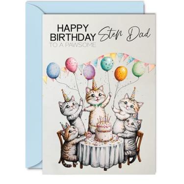 Imagem de Cartão de aniversário de padrasto - balões de gatos para festa pawsome - cartão de feliz aniversário para padrasto de filho filha, cartões comemorativos de aniversário de gato macho A5