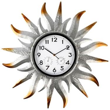 Imagem de Jusimux Relógio de sol grande ao ar livre com combinação de termômetro e higrômetro, relógio de parede externo silencioso sem tique-taque, relógio de quartzo à prova d'água para pátio, cozinha, sala