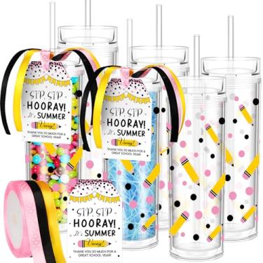 Imagem de Skylety 6 peças presentes de agradecimento ao professor 473 g Thank You Teacher Copo transparente para fim de ano copos de acrílico com tampa e canudo para formatura de verão (lápis)