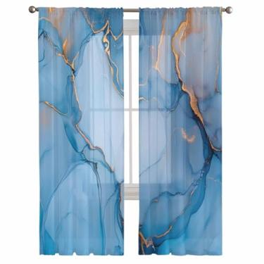 Imagem de Cortinas semitransparentes 160 cm C, cortinas com bolso para varão arte abstrata azul dourado mármore gradiente textura tratamentos de janela filtro de luz para sala de estar, cozinha, decoração de