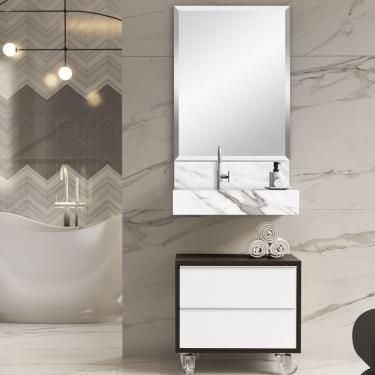 Imagem de Bancada Em Porcelanato Para Banheiro 60cm Pró Com Cuba Esculpida Blu Lavatórios Calacata