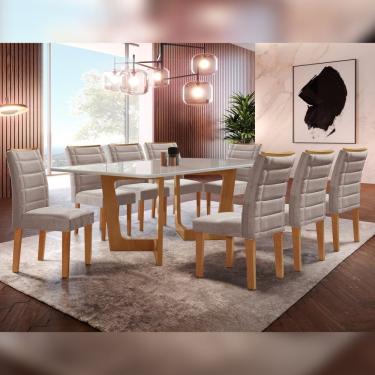 Imagem de Conjunto Sala De Jantar Nápoles Tampo Vidro/Mdf Com 8 Cadeiras Genova Smart Plus Cel Móveis Cinamomo/Off White/Marrom