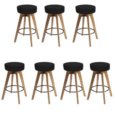 Imagem de Kit 07 Banqueta Alta Redonda Giratória Elsa Madeira Balcão Bistrô Cozinha Suede Preto - Amey Decor