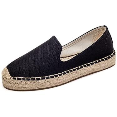 Imagem de U-lite Mocassim feminino clássico sem cadarço casual plataforma bico bico simples alpargata lona, Preto (tamanho pequeno, tamanho acima), 38
