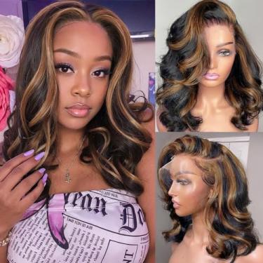 Imagem de Afribye Peruca Lace Front Ondulada 13X6, Cabelo Humano, Densidade 200% Fb/30, Ombré, Pré-Arrancada, Curta, Para Mulheres Negras, Sem Cola, Balayage, Hd, Solta, Ondulada, 16"