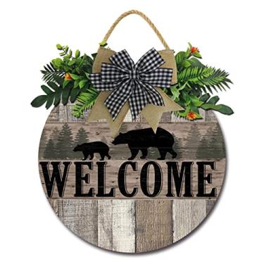 Imagem de Isaric Placa De Boas-Vindas Em Formato Urso Para Porta Da Frente, Decoração Varanda Fazenda, Guirlandas Rústicas Com Folhagens E Laço, Presente Redondo Madeira Pendurar, Inauguração Casa, Área Exter