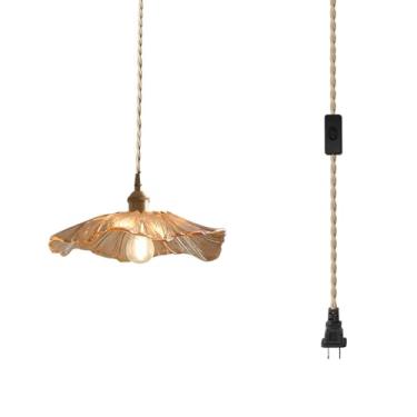 Imagem de AULLAZFR Luminárias Pendentes Estilo Moderno, De Vidro Âmbar, 14 Pés, Abajur Corda Cânhamo, Flor, Acabamento Em Latão Dourado, Com Interruptor Liga/Desliga, Luminária Teto Para Casa Fazenda (Âmbar)