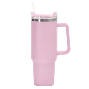 Imagem de FAMKX Caneca de viagem isolada de 1,134 g com alça e canudo, copo a vácuo de parede dupla de aço inoxidável mantém a bebida fria e quente (rosa)