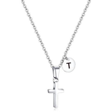 Imagem de AILAAILA Colar com cruz para crianças, meninos, inicial, adolescentes, pingente de cruz de aço inoxidável, minimalista, presente de Páscoa, presente de Natal, primeira comunhão, presentes de batismo