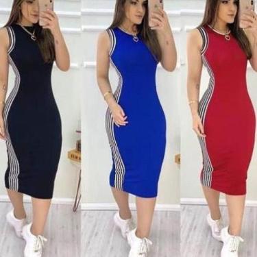 Imagem de Vestido feminino midi cavado malha canelada listras lateral ad - Filó 