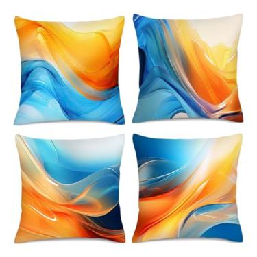 Imagem de HIKENVIU Capas de almofadas decorativas de mármore azul laranja 45,7 x 45,7 cm, conjunto de 4, capas de almofada decorativas azuis laranja abstratas modernas para sofá, sofá, quarto, sala de estar