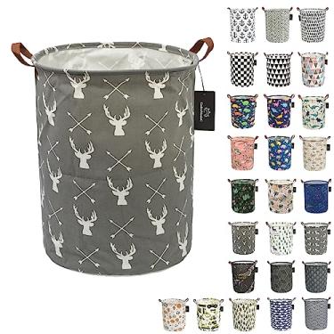 Imagem de Cesto de roupa suja dobrável – GodenMoninG Cesto de armazenamento redondo grande à prova d'água com alças, decoração de casa, organizador de brinquedos, cesto de berçário infantil. (Líder de cervo)