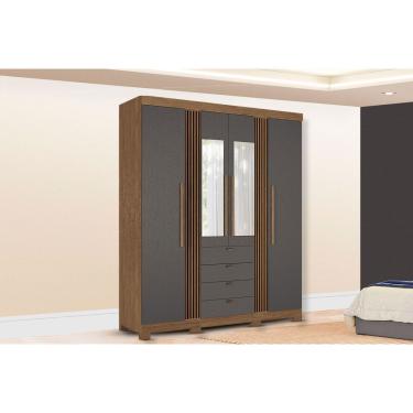 Imagem de Guarda Roupa Casal 4 Portas (2 c/ Espelho) e 4 Gavetas c/ Pés Aurora 4.4 Jatobá/Grafite - Santos Andirá