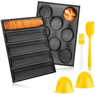 Imagem de FillTouch Conjunto de 6 formas de silicone para panificação de baguete francesa, forma de pão de hambúrguer, molde de sanduíche de silicone perfurado, moldes antiaderentes, com luvas, espátula e