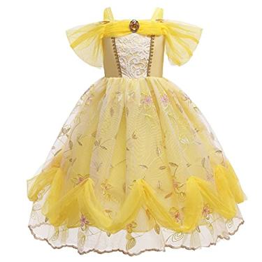 Imagem de FMYFWY Vestido elegante de princesa Bela e Fera para meninas, Halloween, Natal, casamento, aniversário, renda, amarelo, 012, 7-8 anos