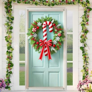 Imagem de BlissYard Guirlanda de Natal para porta de 188 x 89 cm, banners de porta de varanda para decoração de Natal, guirlanda de bengala doce com laço vermelho e fundo de floco de neve, faixa suspensa para