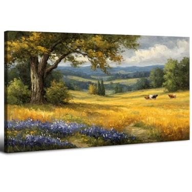 Imagem de Arte de parede de montanha decoração de cozinha fazenda imagens de vaca decoração de parede outono florestas árvores impressões em tela vintage flores roxas pintura animais de fazenda arte para quarto