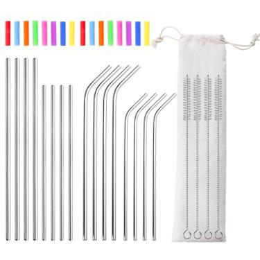 Imagem de Lazycorner 16 canudos de aço inoxidável reutilizáveis de 21,6 cm, 26,7 cm, 6 mm, para crianças, 567 g-947 g, canudos prateados com pontas de silicone, 4 escovas de limpeza de palhas, 1 estojo de