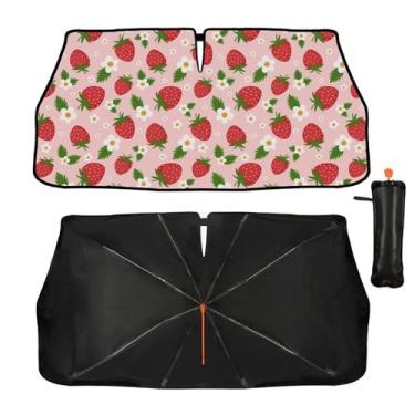 Imagem de Guarda-sol de para-brisa de carro - guarda-sol de morango para janela frontal de carro, bloqueiam raios UV guarda-chuva dobrável para viseira de sol mantém o veículo fresco para a maioria dos veículos