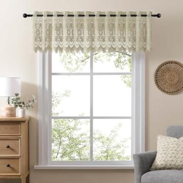 Imagem de Cáqui Boho Valance para cozinha French Farmhouse Crochet Short Lace Valance para banheiro Closet Light Filtering Eyelet Pocket Neutro Vintage Shabby Chic Cortina Camada para Porão, 1 painel, 91 cm L L