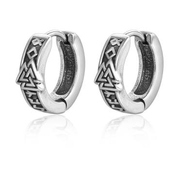 Imagem de Lantine Brincos de argola viking de aço inoxidável para homens gravados nórdico nó celta runa com dobradiça vintage punk gótica, Aço inoxidável, Sem pedra preciosa